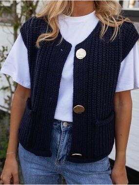 Amazon Navy Chunky Knit Vest with Gold Buttons